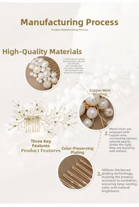 Detailed close-up of handmade bridal hair comb with gold wire, pearls and crystals