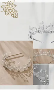Close-up of handmade bridal headband with silver wire, pearls and sparkling crystals