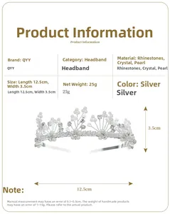 Detailed size chart showing silver bridal headband with pearls, crystals and rhinestones