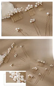 Detailed macro view of handmade bridal hair comb set with white pearls and gold wire