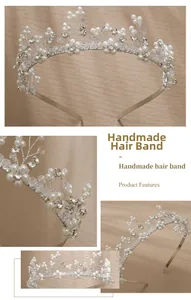 Detail of handmade silver bridal headband with pearls and crystals in floral design