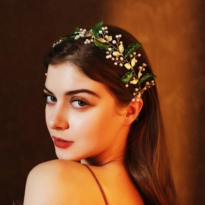 Serre-Tête de Mariée Style Forêt Bohème Feuilles Dorées Künstliche Perle d'Imitation Feuille Verte Vigne de Cheveux Mariage Accessoires Cheveux Femme