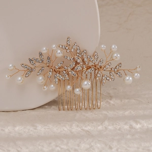 Elegante pettine per capelli da sposa in oro con perle bianche e strass scintillanti