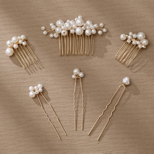 6-piece bridal hair jewelry set with white pearls and gold wire hair combs and pins