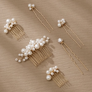 6-piece handmade gold bridal hair pins and pearl comb set for wedding hairstyles