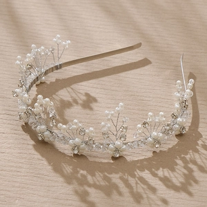 Exquisite bridal headband with silver wire branches, white pearls and clear crystals