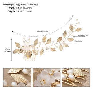 Detailed view of handmade bridal hair comb with gold leaves, pearls, rhinestones and dimensions