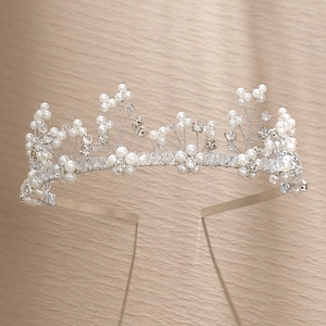 Elegant bridal crystal tiara with white pearls and silver wire for wedding hair accessories