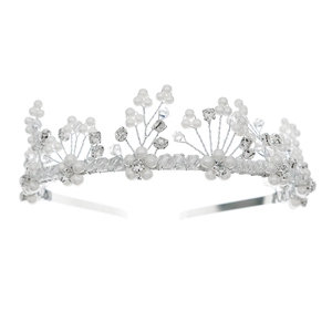 Elegant bridal tiara with silver wire, white pearls and sparkling crystals for weddings