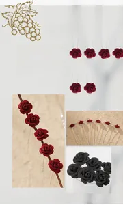 Macro shot of red camellia bridal U-shaped hair pin with soft flocked fabric texture