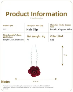 Close-up of red fabric rose hair pin with copper wire and detailed size measurements