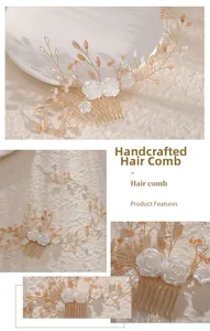 Detailansicht des handgefertigten Braut-Haarkamms mit Golddraht, weißen Rosen und Kristallen