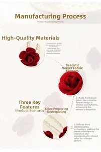 Detail view of red velvet camellia flower hair pin with anti-oxidation plated metal