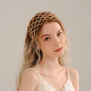 Handmade Woven Artificial Crystal Mesh Hairband Elegant Champagne Color Wedding Crown Headpiece Women Party Bridal Accessories