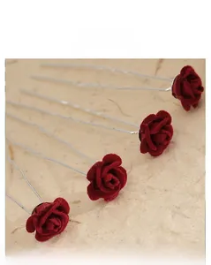 Set of five dark red velvet rose U-shaped hair pins for vintage bridal hair styling