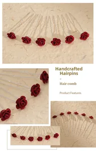 Close-up of handmade red rose U-shaped hair pins with soft velvet texture for bridal styling