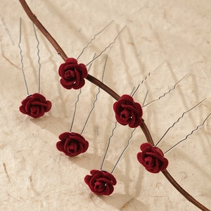 Vintage Red Rose Flower Hair Pins For Women Fabric Rhinestone U-Shaped Hair Fork Bridal Wedding Party Hair Accessories Jewelry