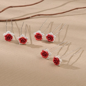 Elegant 6-piece red rose hair pins with rhinestones and silver U-shaped metal clips