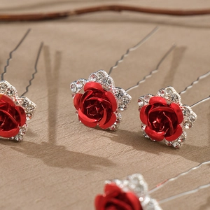 Vintage red rose bridal hair pins with sparkling rhinestones and silver wavy metal clips