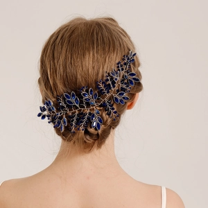 Handmade Blue Crystal Rhinestone Bridal Hair Vine For Women Silver Alloy Wire Leaf Hairband Wedding Banquet Formal Hair Accessories