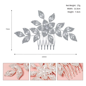 Macro details of silver bridal hair comb with cubic zirconia floral pattern and dimensions