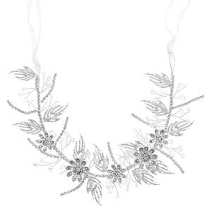 Elegant bridal hair vine with silver floral crystal design and white ribbon ties