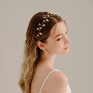 Goldenes Blatt Seestern Braut Stirnband Romantische Künstliche Perle Haarranke Mit Organzaband Hochzeit Party Fotografie Zubehör