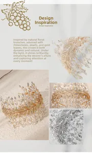 Close-up of handmade bridal headband with gold leaves, rhinestones, and white pearls
