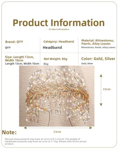 Detail showing bridal headband dimensions 13x10cm with golden leaves and rhinestones