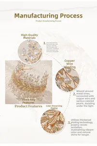 Detail of handcrafted bridal headband with gold copper wire, pearls and crystals
