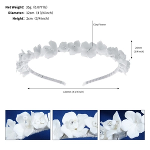 Detail showing white clay flower headband with dimensions 12cm diameter and 35g weight