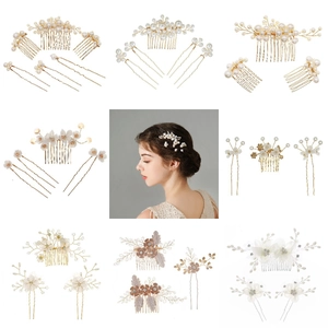 Handmade Bridal Hair Comb Vintage Floral Wedding Headpiece Imitation Artificial Pearl Rhinestone Soft Pottery Flower Gold Alloy Accessory