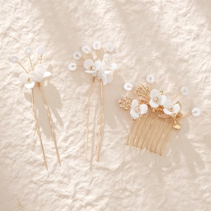 Elegant Chinese bridal gold hair comb and pin set with white flowers and pearls