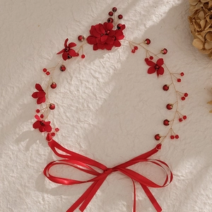 Serre-tête de mariée chinois fait main avec fleurs rouges, ruban de soie et perles