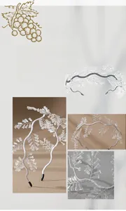 Detail of handcrafted silver wire bridal headband with clear crystal beads in leaf design