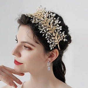 Luxury Handmade Bridal Headpiece Gold Silver Leaf Rhinestone Artificial Pearl Hairband Wedding Tiara For Women Party Hair Accessory