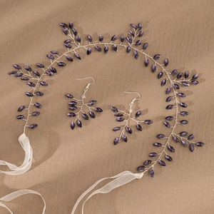 Handmade bridal hair vine and earring set with purple crystals and silver wire