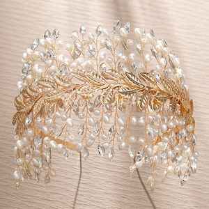 Exquisite bridal headband with gold leaves, pearls and rhinestones in handcrafted design