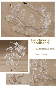Detailed close-up of handmade bridal headband with clear crystals and silver braided wire