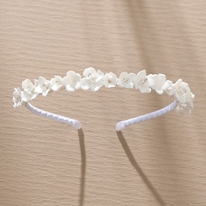 Elegant white ceramic flower bridal headband with handmade petals and sparkling beads