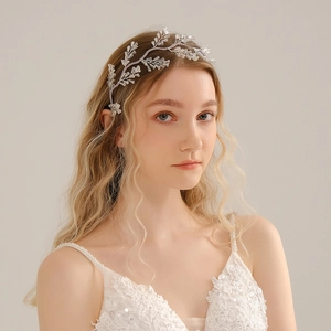Handmade Crystal Beaded Leaf Bridal Headband Elegant Silver Wire Flower Wedding Hair Accessories For Women Party Headpiece