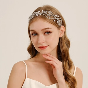 Elegant Hand Woven Silver Mesh Bridal Headband With Artificial Pearl Crystal Rhinestone Wave Headpiece For Wedding Party Women Jewelry