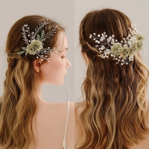Handmade Green Fabric Flower Bridal Headpiece Vintage Pastoral Style Crystal Artificial Pearl Hair Band Wedding Hair Accessories