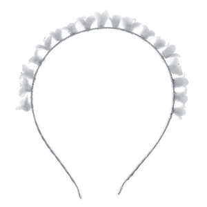 Elegant white floral bridal headband with ceramic lilies on silver metallic band