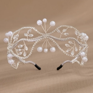 Exquisite handmade bridal headband with crystal beads and white faux pearls on silver wire