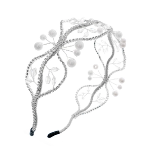 Elegant silver bridal headband with handcrafted white pearls and crystal floral accents