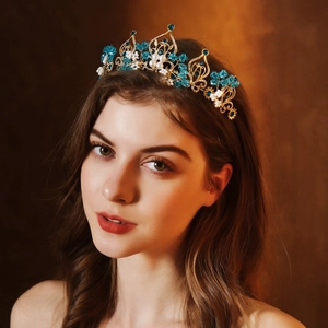 Baroque Gold Alloy Bridal Crown With Blue Crystal Rhinestone And Artificial Pearl Handmade Vintage Princess Tiara Wedding Hair Jewelry