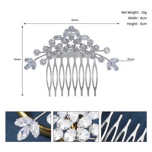 Detail view of bridal hair comb showing dimensions 8cm by 6cm with sparkling zircons