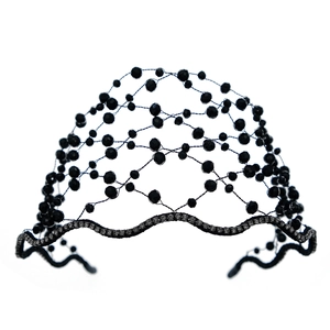 Retro handmade woven headband with black beads and crystal details on a wavy base