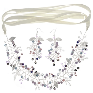 Handmade bridal headband and earring set with crystals, pearls and silver leaves